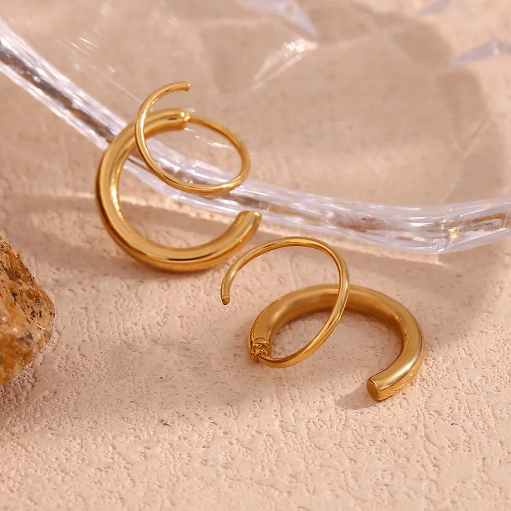 Minimalist Double Layer Stud Earrings for Women 18K Gold Plated Jewelry Waterproof Stainless Steel Women Jewelry