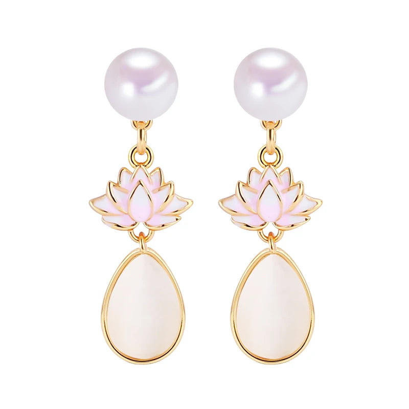New Chinese Style Lotus Flower Drop Earrings Natural Freshwater Pearl Earrings Women's Pearl Jewelry