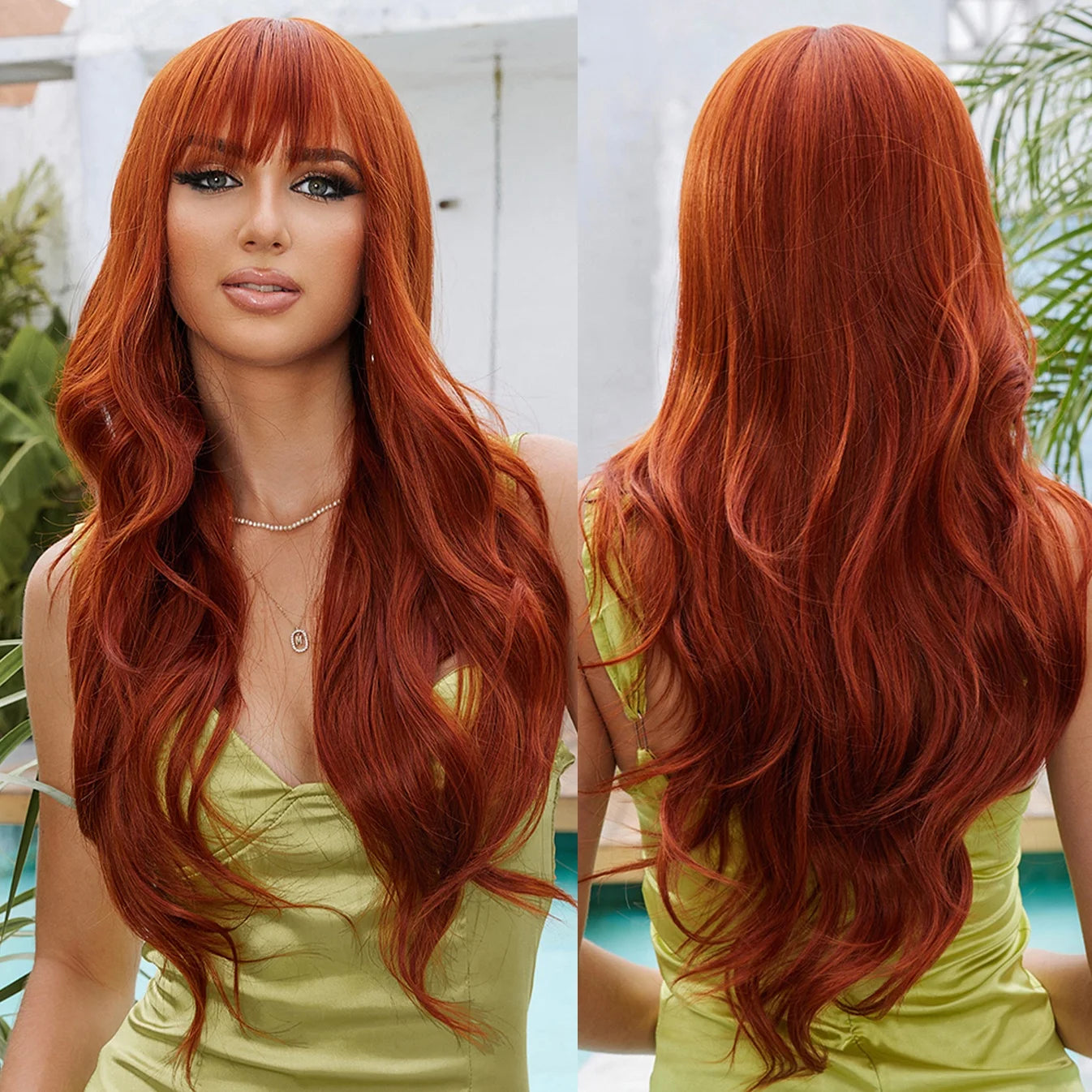 Factory Fast Shipping 28 Inch Curly Hair Big Wave Wig Red Brown Bangs Artificial Hair Soft High Temperature No Glue