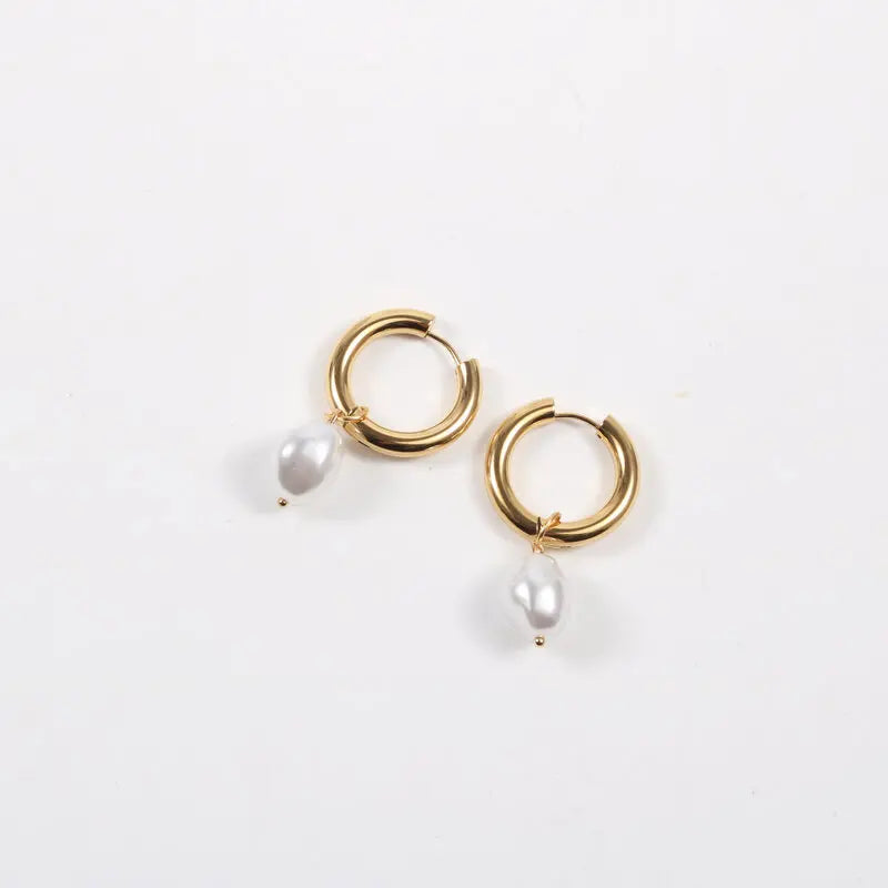 Minimalist Waterproof Hoop Earring Stainless Steel 18k Gold Plated Single Pearl Hoop Earring for Gift