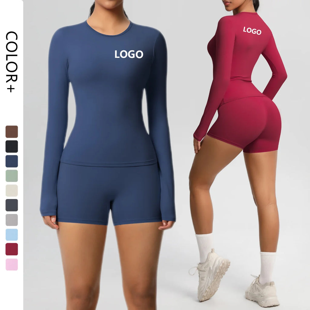 Women Running Tracksuit Long Sleeve Gym Fitness Clothes Workout Top High Waist Yoga Shorts Leggings Two-Piece Set for Women