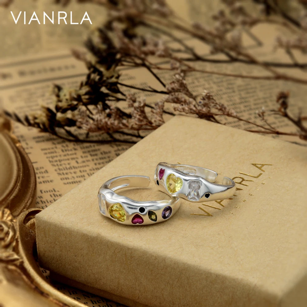 VIANRLA 925 Sterling Silver Irregular Colored Zircon Rings Open Ring for Women Support Dropshipping