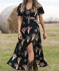 Western American Clothing Vestidos De Mujer Bull Head Printed Womens Cowgirls Short Sleeve Maxi Split Dress for Female Women