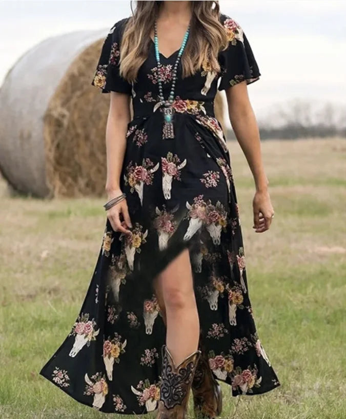 Western American Clothing Vestidos De Mujer Bull Head Printed Womens Cowgirls Short Sleeve Maxi Split Dress for Female Women