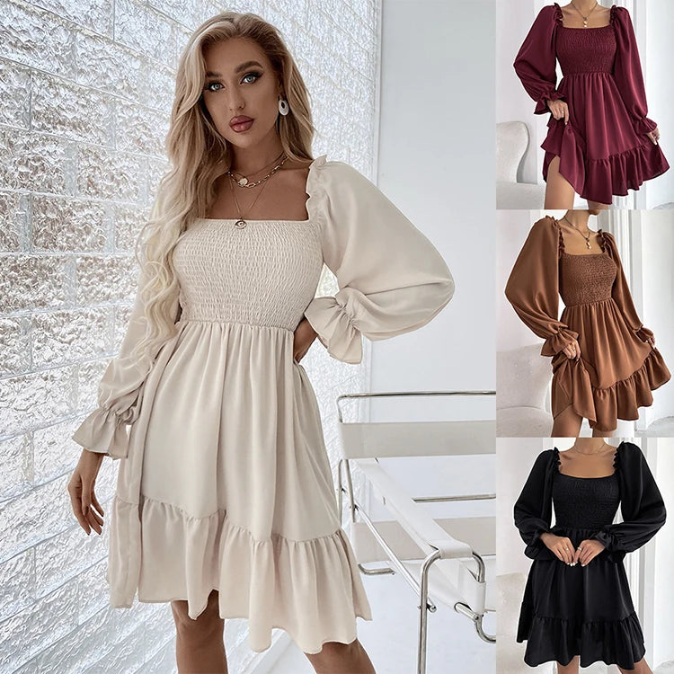 Women's Long Sleeve Casual Dress with Draped Design Square Neck Eco-Friendly Breathable Sweet Streetwear for Autumn