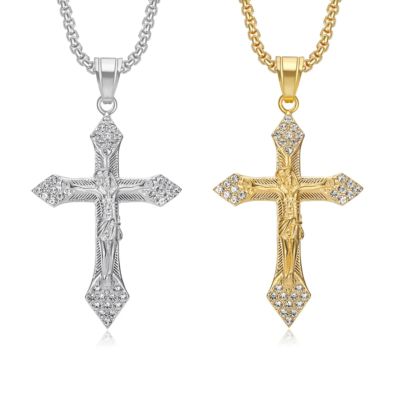 Fashion 18K Gold Plated Jesus Necklace Stainless Steel Zircon Cross Pendant Neck Chain Unisex Jewelry