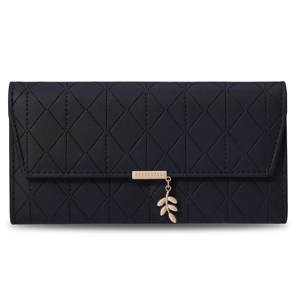 2023 New Women's Long Wallet Japanese and Korean Checker Leaf Pendant Large Capacity Women's Trifold Handbag PU Leather Wallet