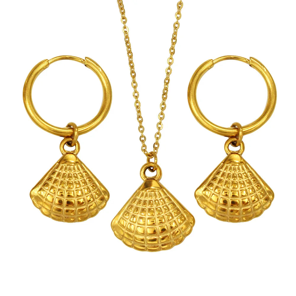 New Simple Non Tarnish 18k Gold Stainless Steel Shell Shape Necklace and Earring Jewelry Sets for Women