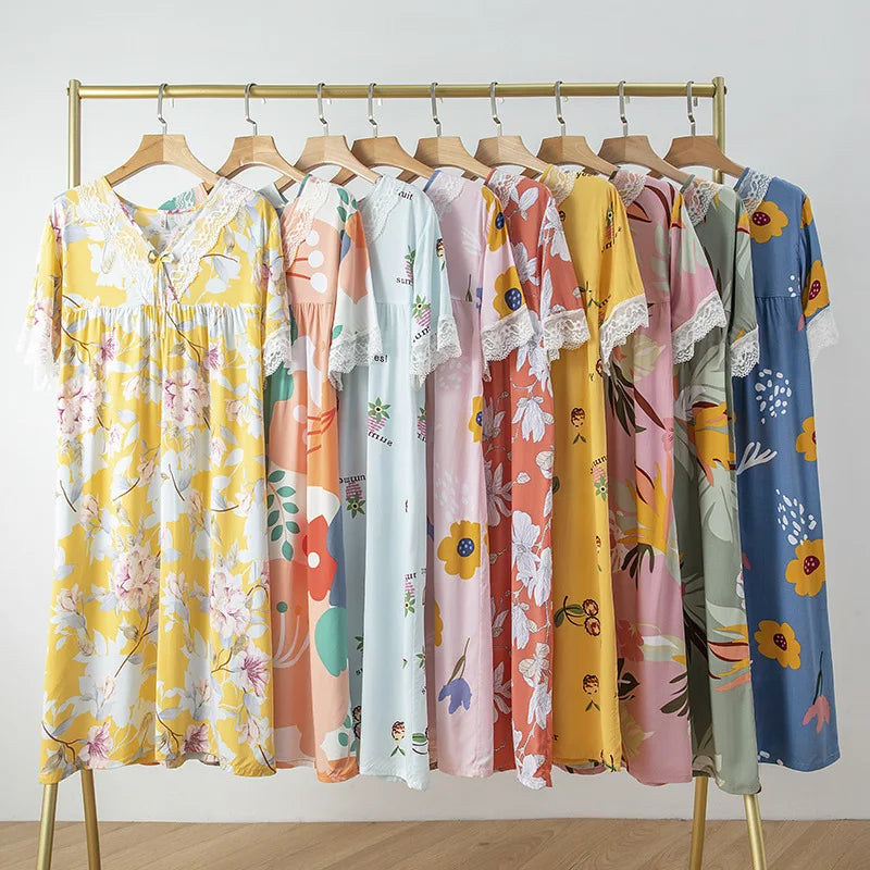 Women's Summer Thin Oversized Pajamas LACE SHORT SLEEVE DRESS Nightdress
