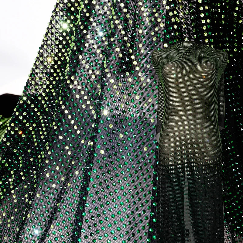 F002 Color Slowly Changing Rhinestone Fabric Green Gradient Crystal Fabric Stretchy Tulle Lace Beaded Rhinestone Crystal Fabric MegaBDM