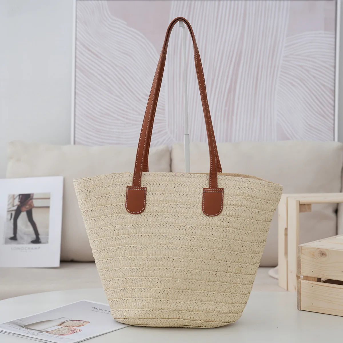 Women's Large Tote Bag Summer Beach Fashionable Straw Lady Tassel Shoulder Eco-friendly PU Handle Zip Closure Portable Dual
