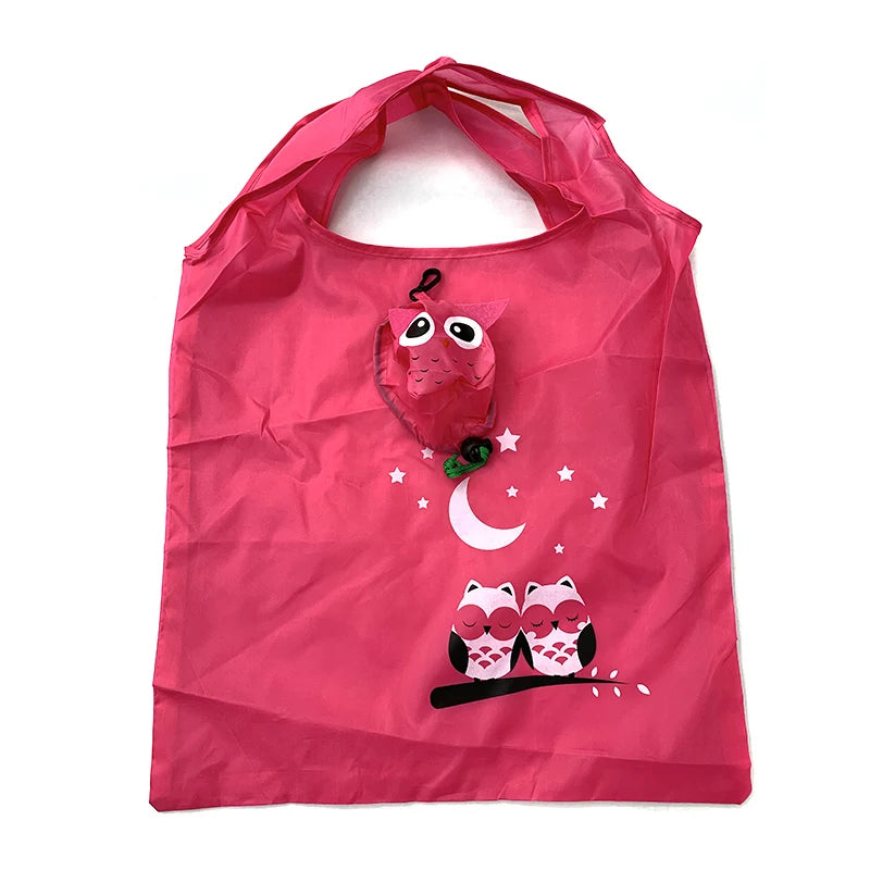 2024 Wholesale Custom Logo Print Fruit Owl Polyester Storage Bags Reusable Foldable Tote Shopping Pouch Promotional Folding