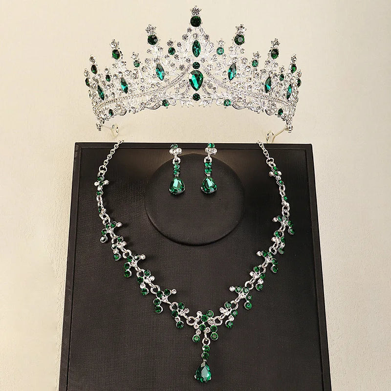 Miallo 4Pcs/set Gold Tiara Waterdrop-shaped Rhinestone Necklace Bridal Crown Earrings Set for Women Party Jewelry
