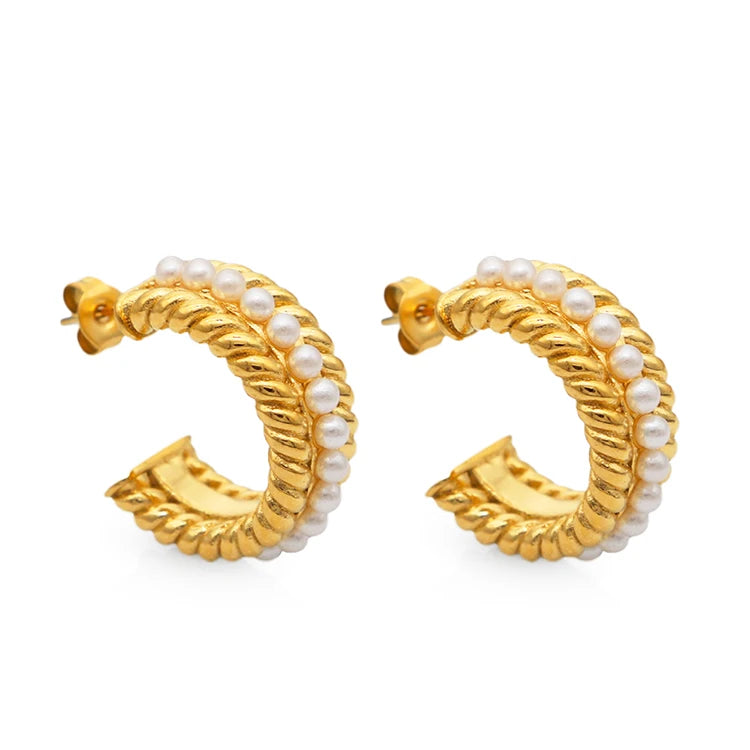 Chris April 316L Stainless Steel Waterproof Hypoallergenic Rope Pearl Hoop Earrings with 18k Gold