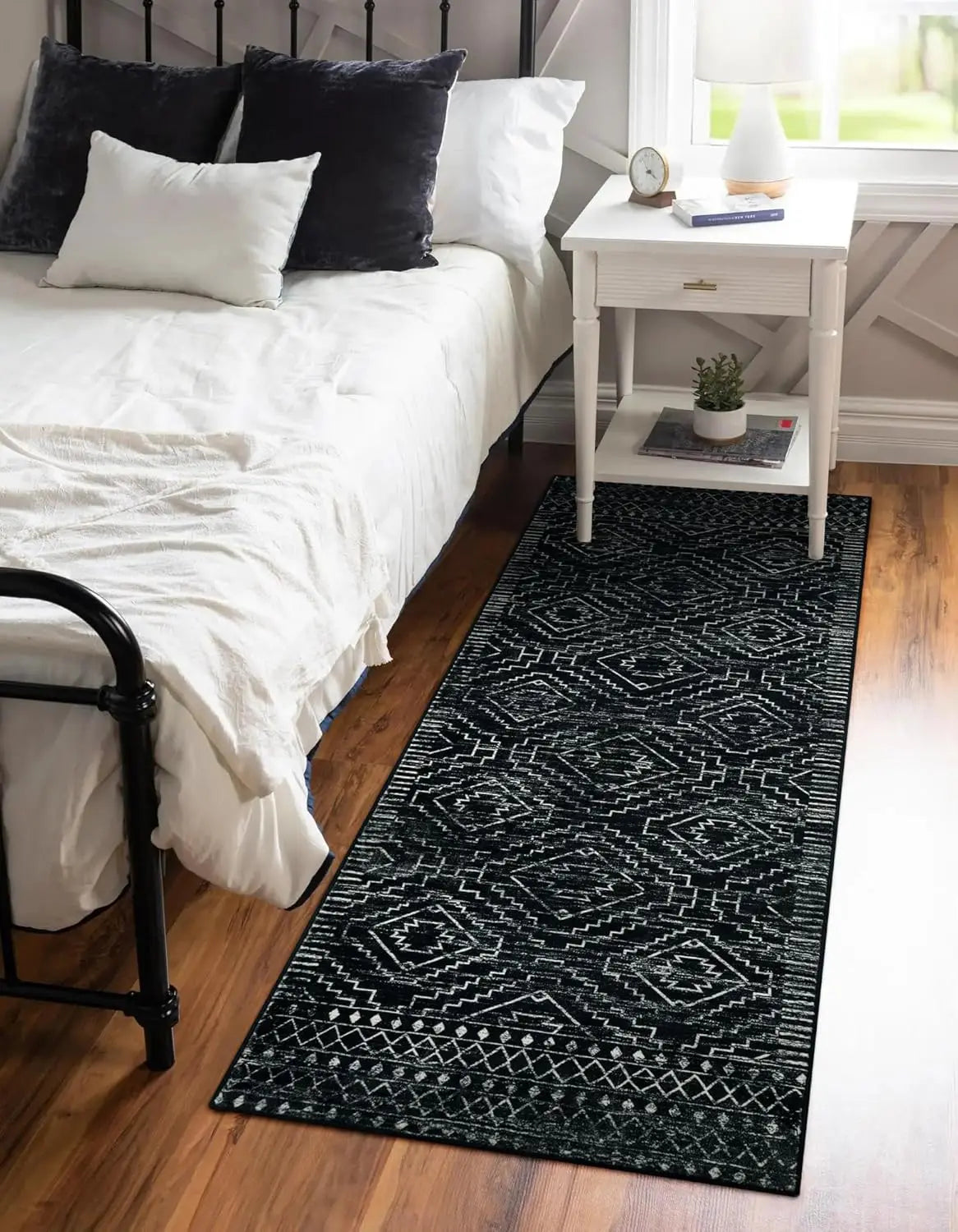 2x10 Moroccan Black Kitchen Runner Rug Non-Slip Bohemian Soft Bathroom Throw Mat Washable Geometric Carpet for Entryway