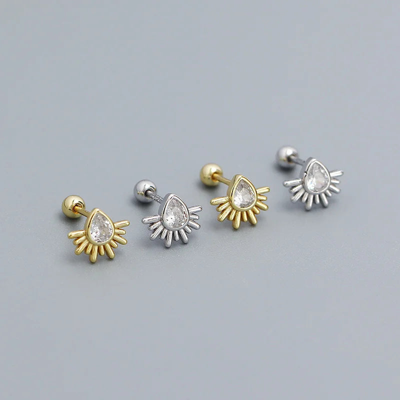 Simple Romance 925 Sterling Silver Water Drop Stud Earrings Bohemian Zircon Screw Beads Gold Perforated Ladies Parties