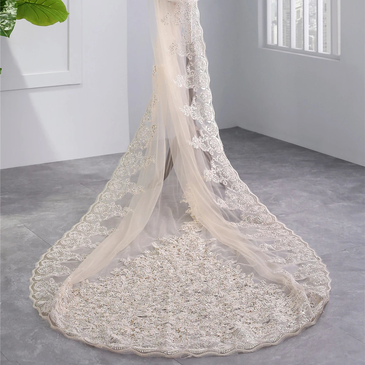 AL1049 New Champagne Wedding Veil 3m Long Cathedral Sequin Lace Applique Wedding Veil With Comb Bridal Veil
