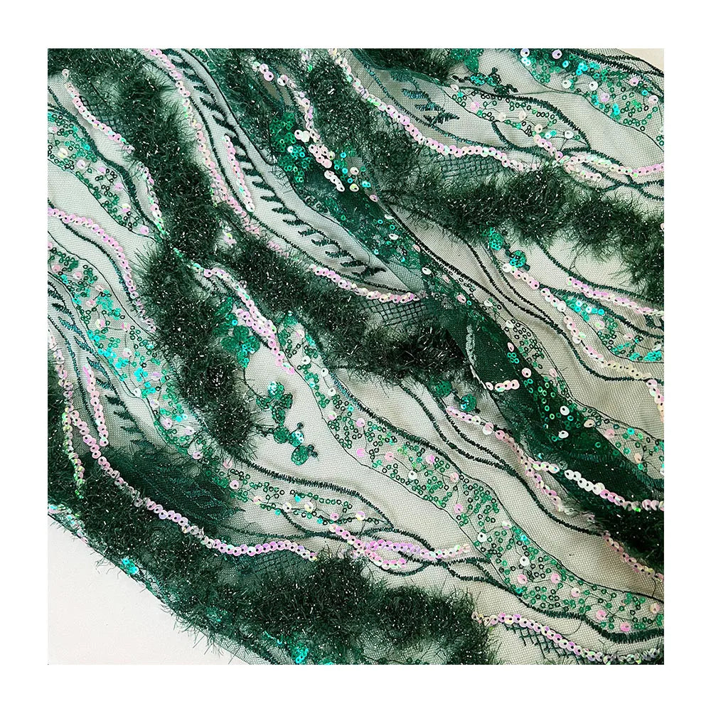 Wholesale African Green Bridal Lace Fabric Mesh Embroidery Sequin Chenille Embroidery Fabric for Wedding Evening Dress