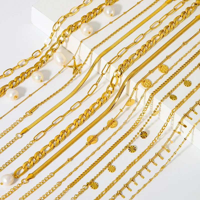 Women's Dainty 18k Gold Plated Stainless Steel Anklet Bracelet Waterproof Chain Cross Double Layer with Pearl Jewelry Gift