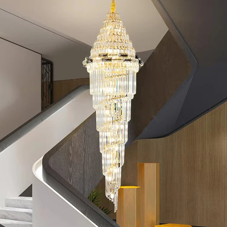 Luxury Spiral Staircase Crystal Long Chandelier for Living Room Hotel Lobby Golden Round Modern LED Pendant Light Chandelier