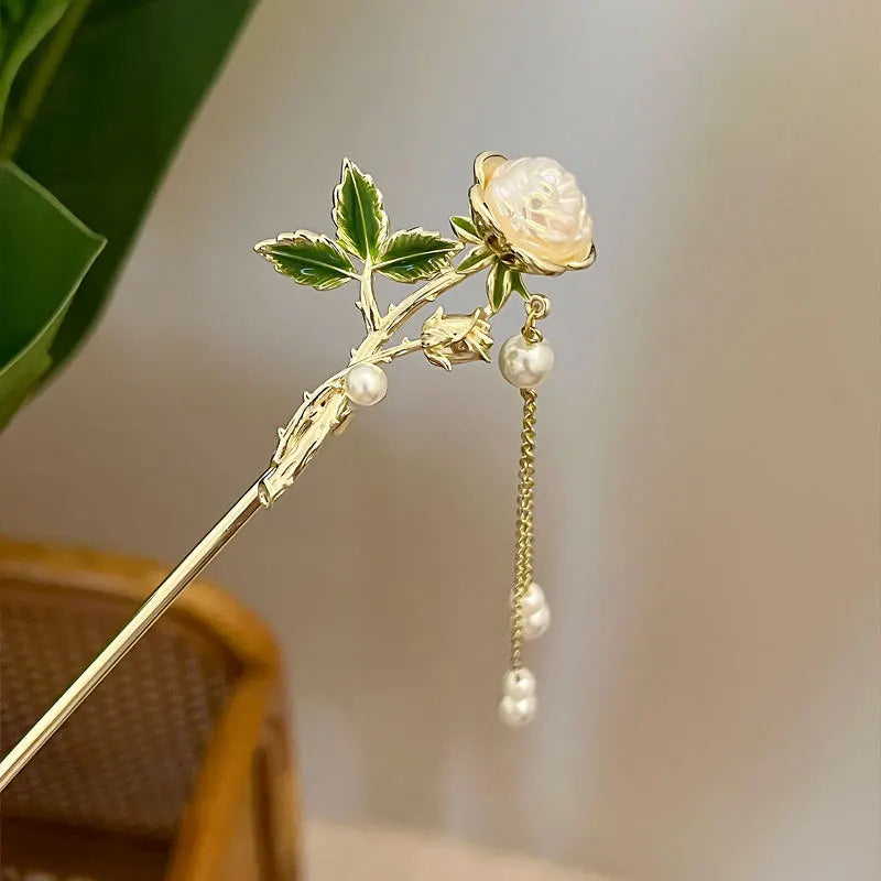 Vintage Ancient Camellia Long Tassel Hairpin Temperament Plate Hairpin Handmade Hollow Hair Stick Gift Hair Styling Hair Stick