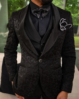 Black Floral Jacquard Men Wedding Suits Tuxedos Fashion Groom Wear Prom Party 3 Pcs Blazer Vest Pants Custom Made