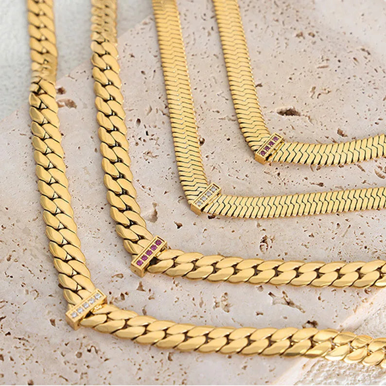 Hip Hop Minimalism Stainless Steel Necklace V Shaped Inlaid Zircon Clavicle Chain Flat Snake Chain Jewelry 18K Gold  Link
