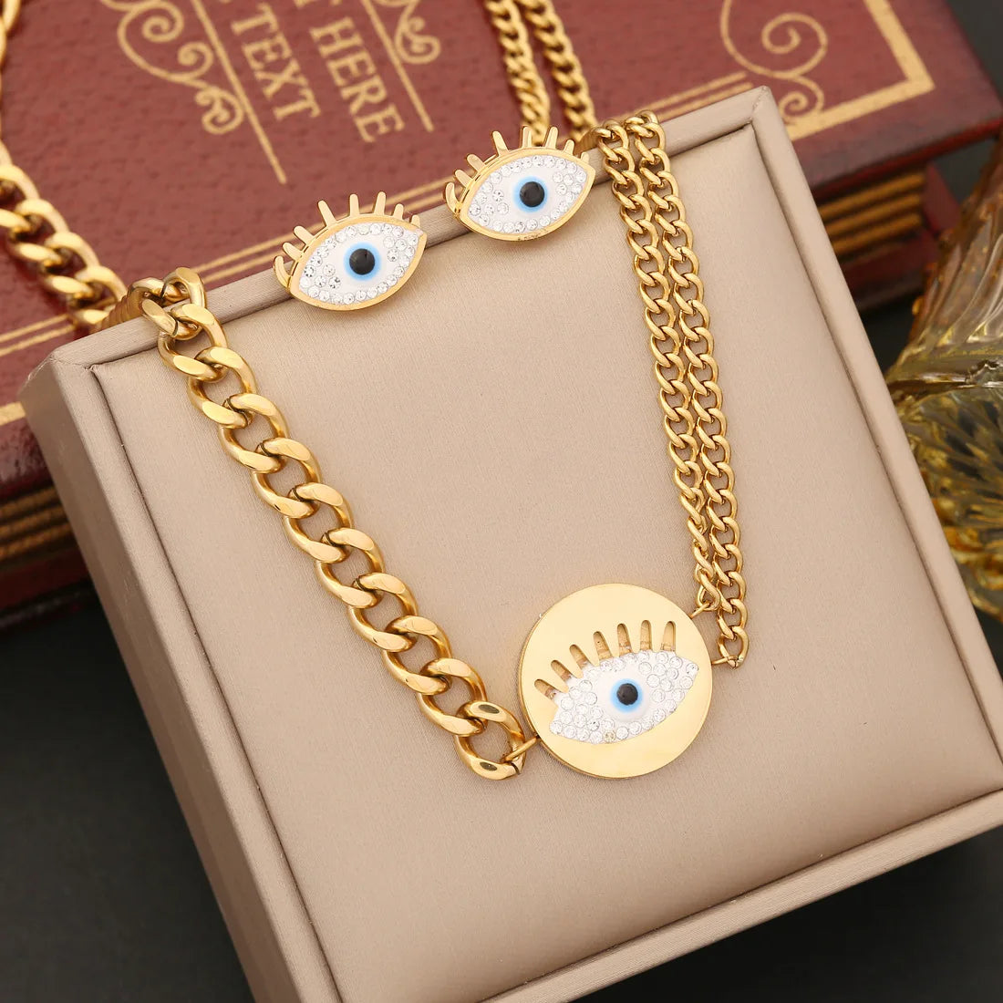 Full Diamond Blue Eye Jewelry Set Engraved Round Pendant Necklace Bracelet Stainless Steel Cuba Chain Jewelry Sets for Women