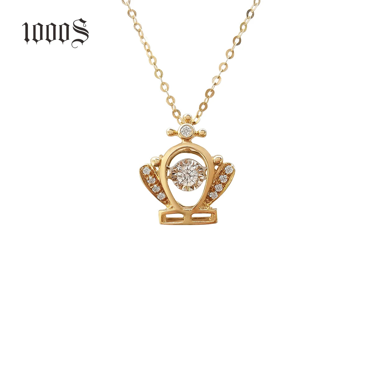 Solid 18K Yellow Gold Cute Crown Queen with Diamond Waggle Pendant Necklace Women Jewelry
