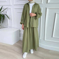 Dubai Turkey Abaya Islamic Casual 2-Piece Elegant Set for Muslim Women Long Sleeve Shirt+Solid Color Skirt Pleated Button for