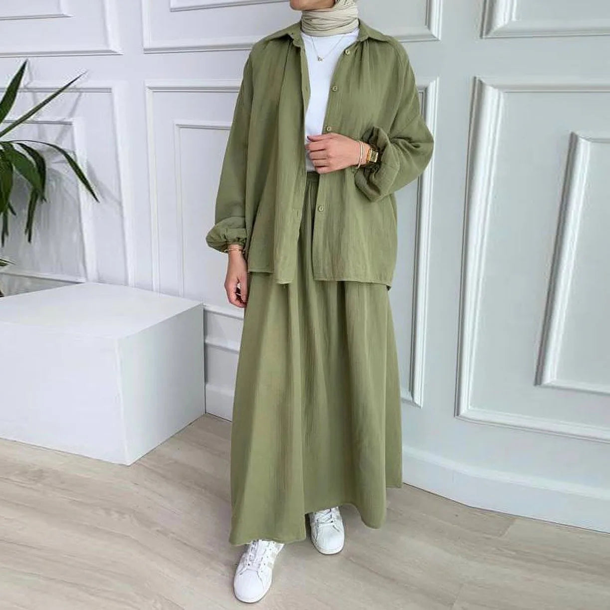 Dubai Turkey Abaya Islamic Casual 2-Piece Elegant Set for Muslim Women Long Sleeve Shirt+Solid Color Skirt Pleated Button for
