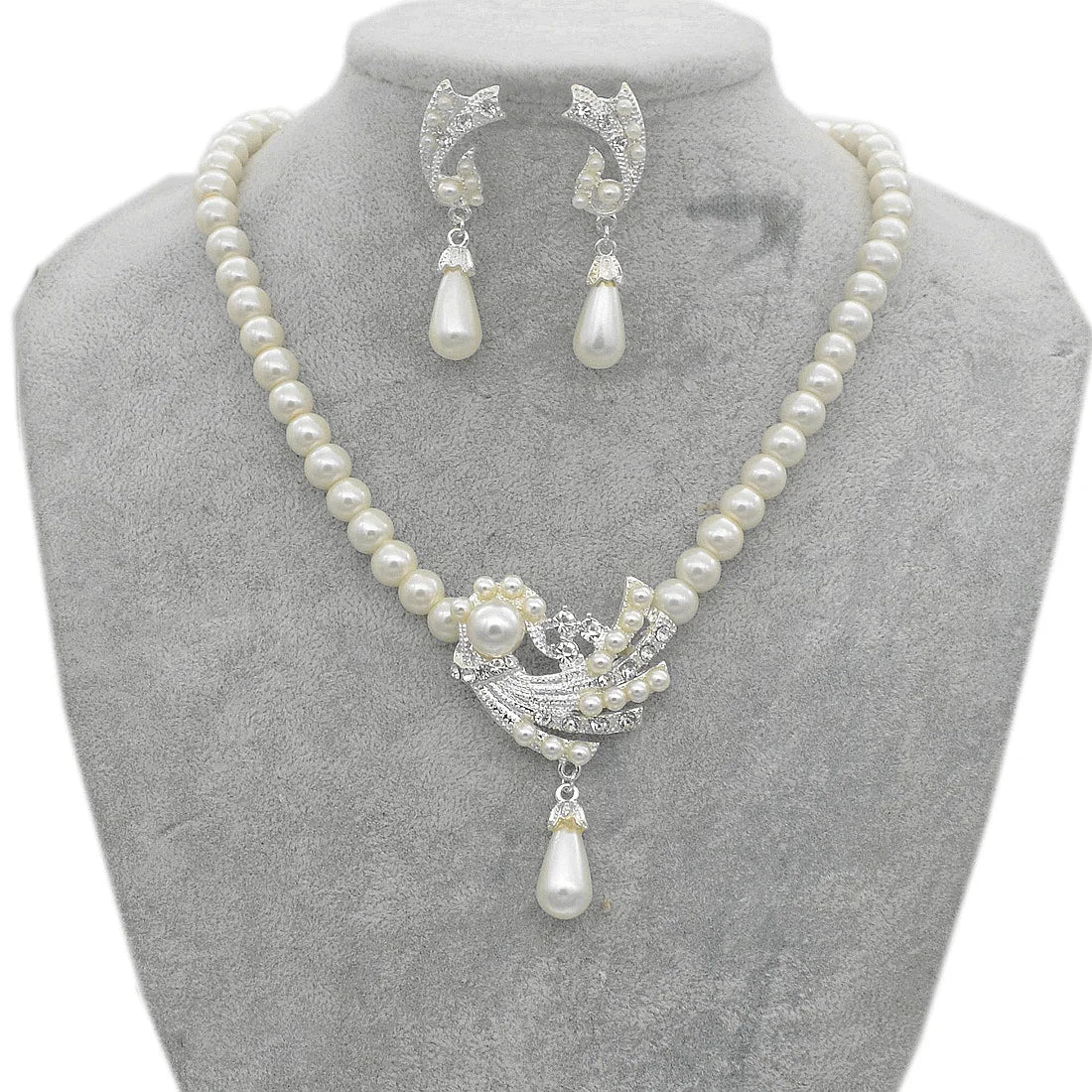 Popular Bridesmaid Bride Evening Dress Wedding Dress Rhinestone Beads Pearl Necklace and Earrings Jewelry Set for Women