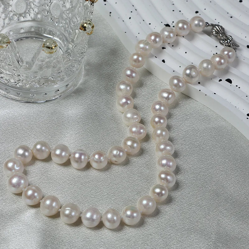 10-11mm Freshwater Pearl Necklace Hand-knotted S925 Silver Trendy Bowknot Buckle Clavicle Chain Unisex Jewelry Wholesale