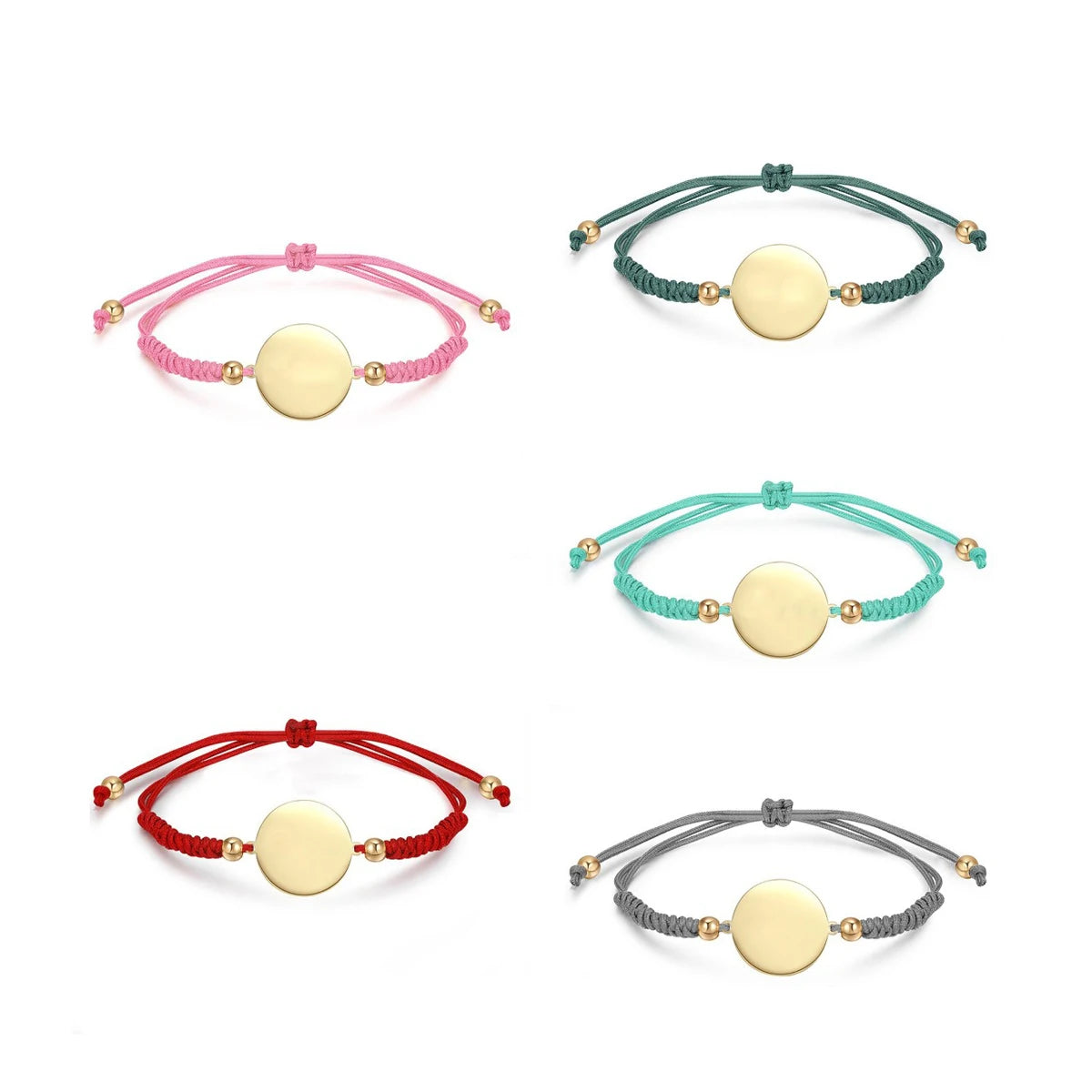 Stainless Steel Silver Rose Gold 18k Gold Round Disc Charm Bracelet Knots Macrame Rope Cord Personalized Name Date logo Bracelet
