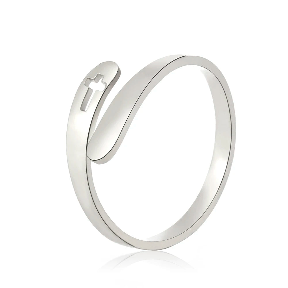 Hollow Minimalist Style Cross Adjustable Stainless Steel Finger Ring for Women Lady Trendy Jewelry