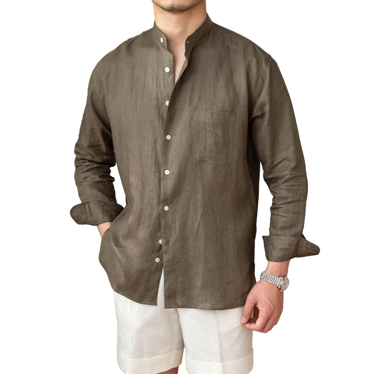Shinesia Factory Custom Wholesale Mens Casual Cotton Linen Long Sleeve Stand Anti-Wrinkle Breathable Shirt for Custom Order