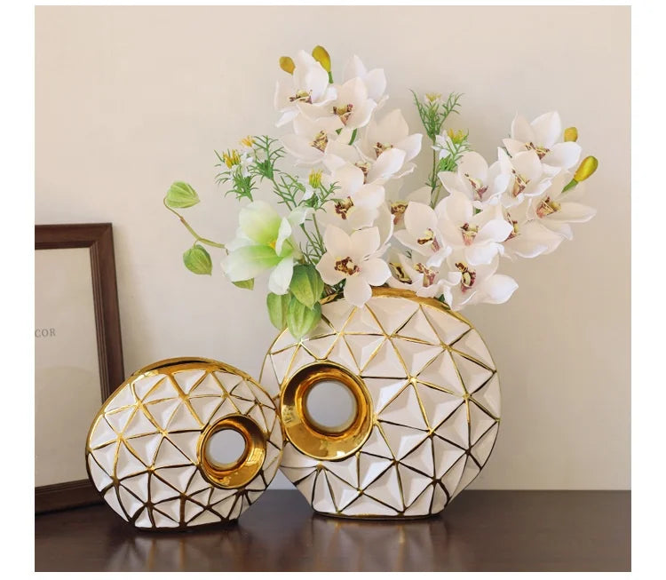 Light Luxury Plating Gold Silver Decoration Modern Ornaments Hotel Porch Club Flower Shop Doughnut Ceramic Vase Home Accessories