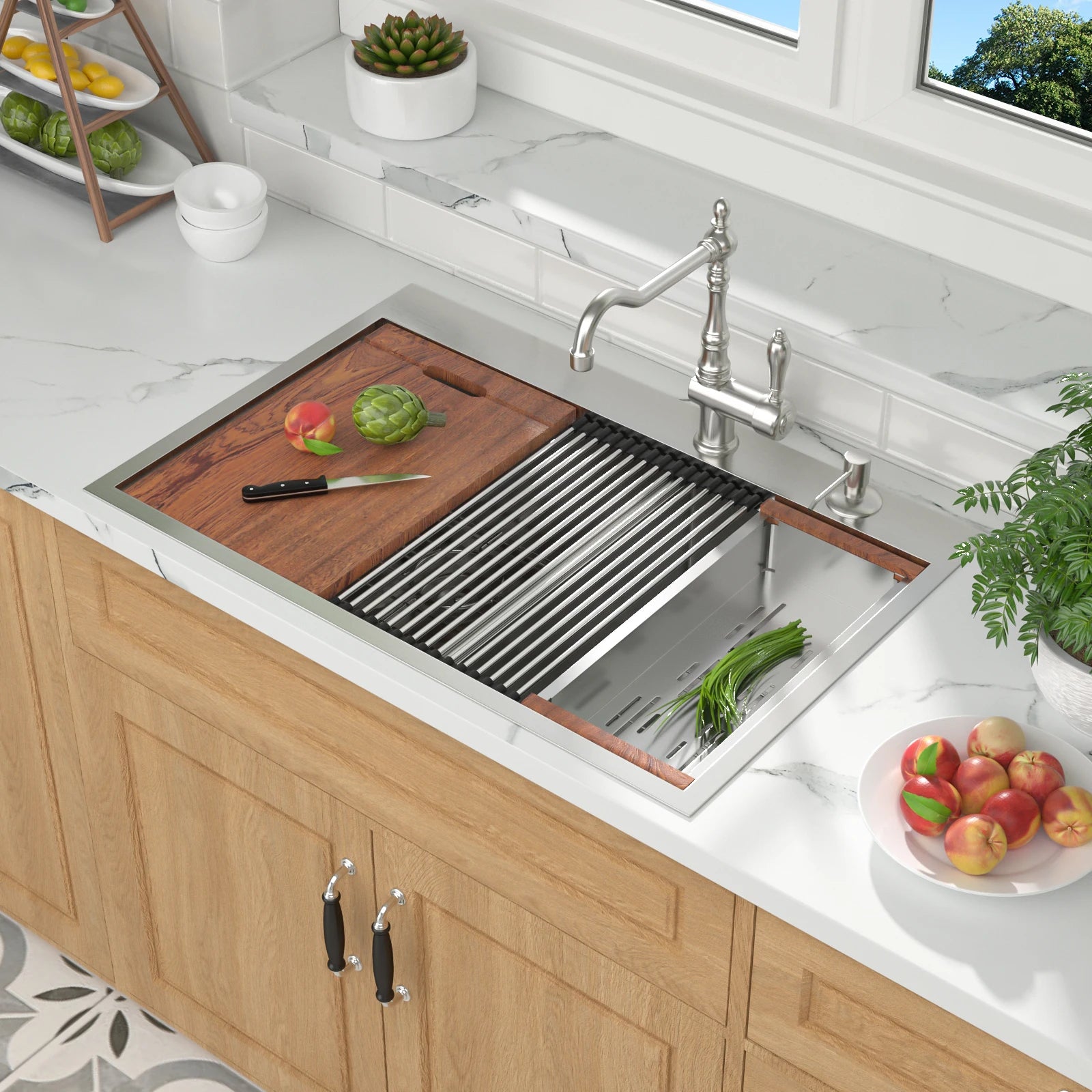 Ledge Workstation Sink 304 Stainless Steel Top Mount 33 Inch Drop in 2 Faucet Hole Double Bowls Kitchen Sink