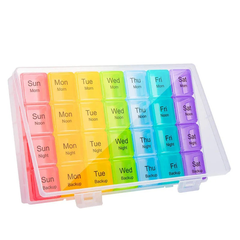 Portable Transparent Support Rainbow 7-layer 28 Grid Pill Manager Stackable Drawer Moisture-proof Plastic Medicine Box