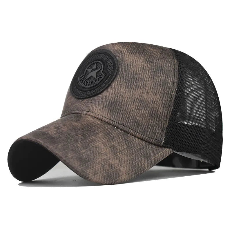Classic Wood Grain Baseball Cap Dad Hat Large Size Star Logo Sports Baseball Cap Summer Breathable Mesh Trucker Cap