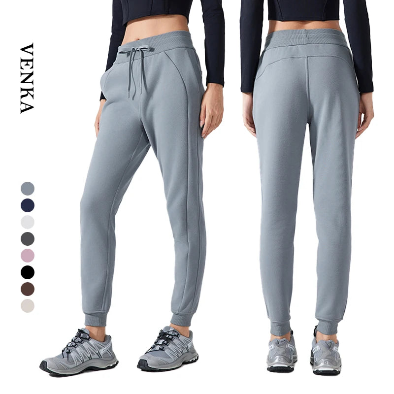 Women's High Waist Jogger Pants Bunched Feet Winter Sports Training Sweatpants Pocket Solid Pattern Keep Warm Running Sweatpants