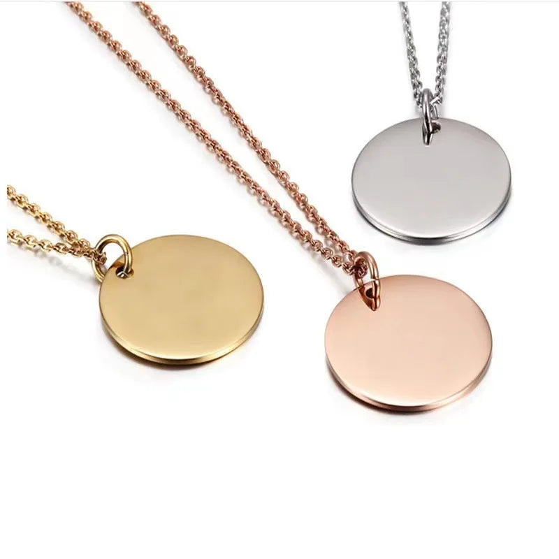 Engraved Laser Name Logo Round Smooth Plate Necklace Waterproof Jewelry Gold 18k Non Tarnish Necklace