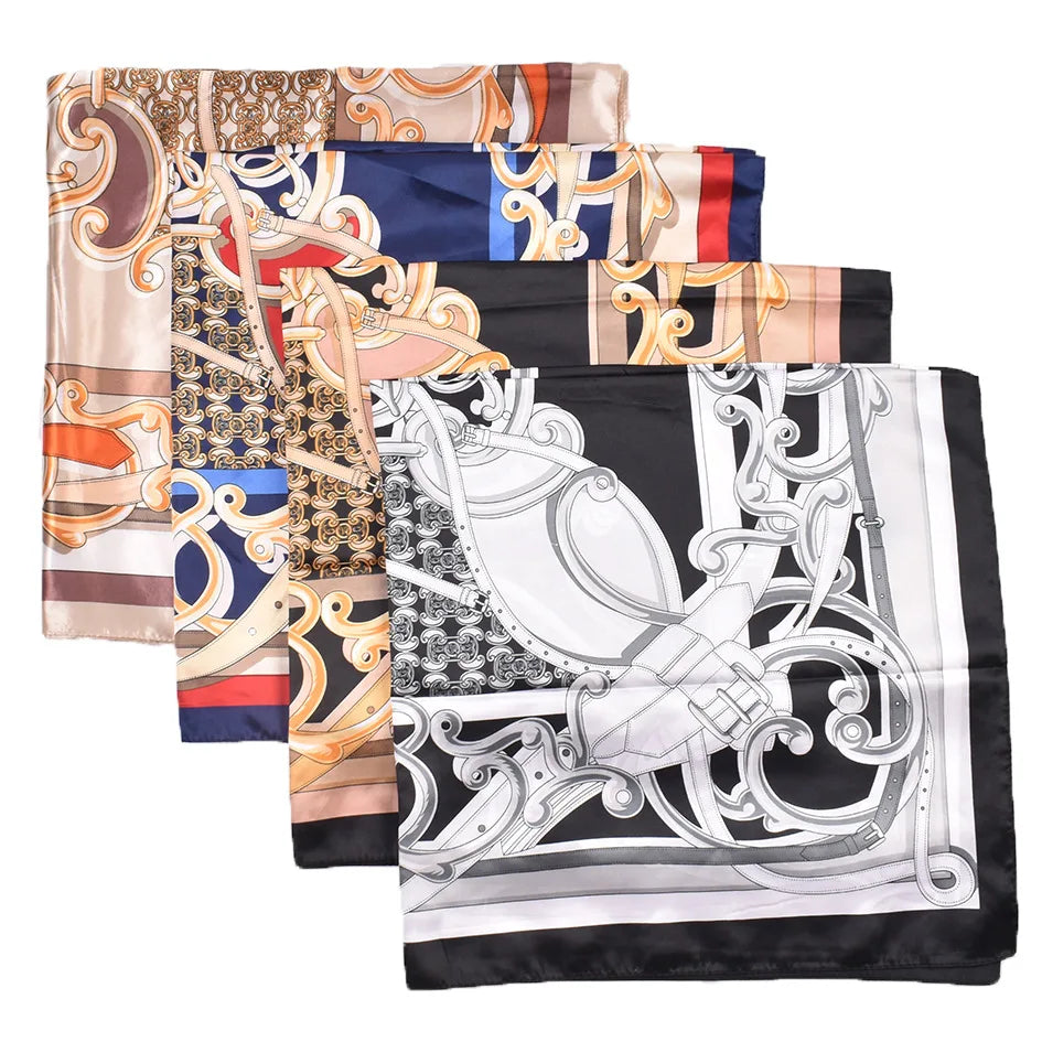 Wholesale 35*35 Inch Large Lightweight Square Satin Shawl Custom Fashion Chain Women's Multifunctional Silk Bandana Head Scarf