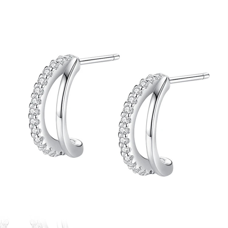 Simple Fine Jewelry 925 Sterling Silver Double Layers C-shaped Stud Earrings for Women