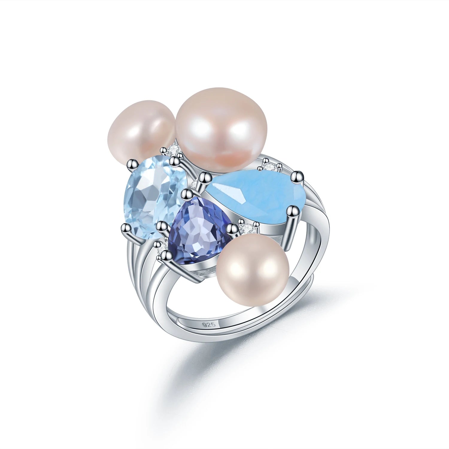 C8319 Abiding Fine Jewelry Classic Designs 925 Sterling Silver Wholesale Fresh Water Pearl Natural Calcedony Adjustable Ring