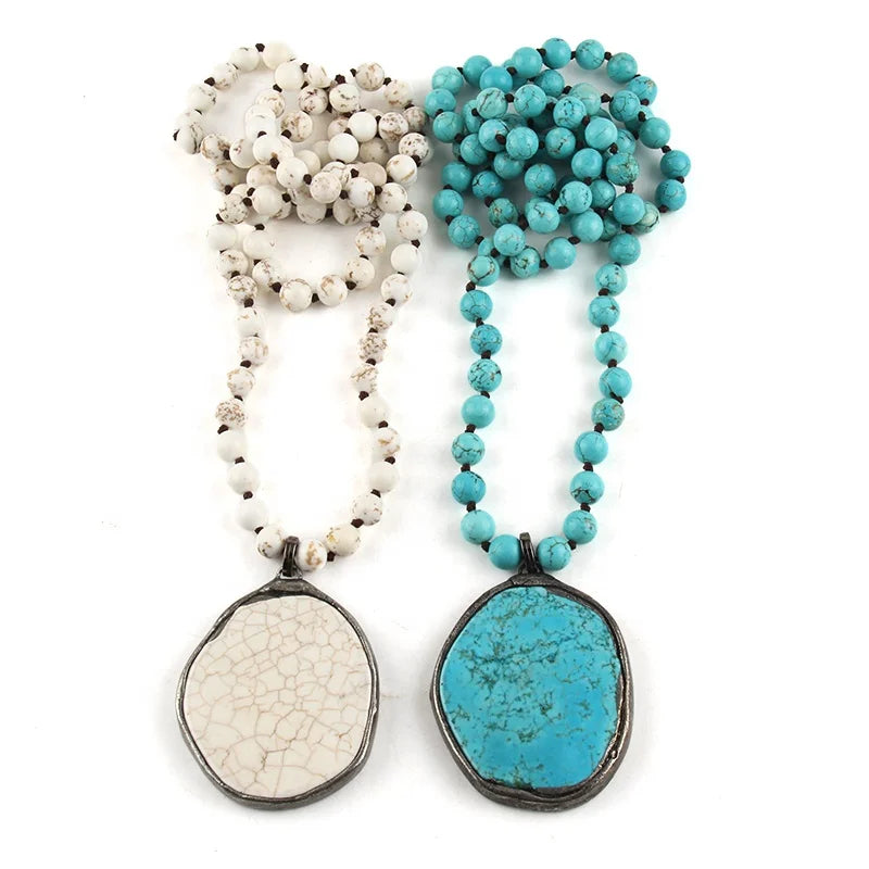 Fashion Bohemian Jewelry Accessory 8mm Turquoise Natural Stone With Precious Irregular Stone Pendant Necklaces for Festival Gift
