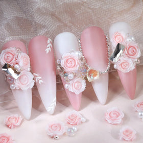 New 30pcs /bag Pink Resin Rose Rhinestone Nail Art Charms Mixed 3d Flower Gemstone Beads Nail Decoration Accessories