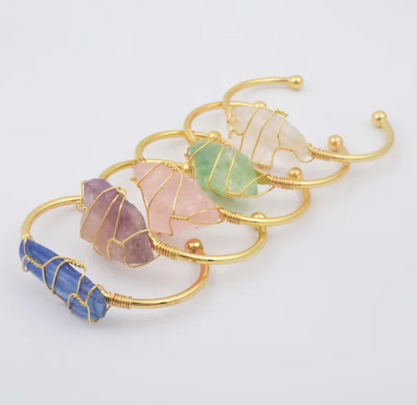 Popular Gold Plated Gemstone Cuff Bracelets Irregular Natural Raw Rough Quartz Healing Crystal Wire Wrapped Cuff Bracelet Bangle