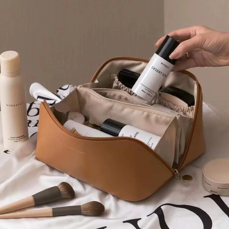 Ins Waterproof Leather Cosmetic Bag Large Capacity Foldable Women Makeup Organizer Portable Travel Toiletry Bag