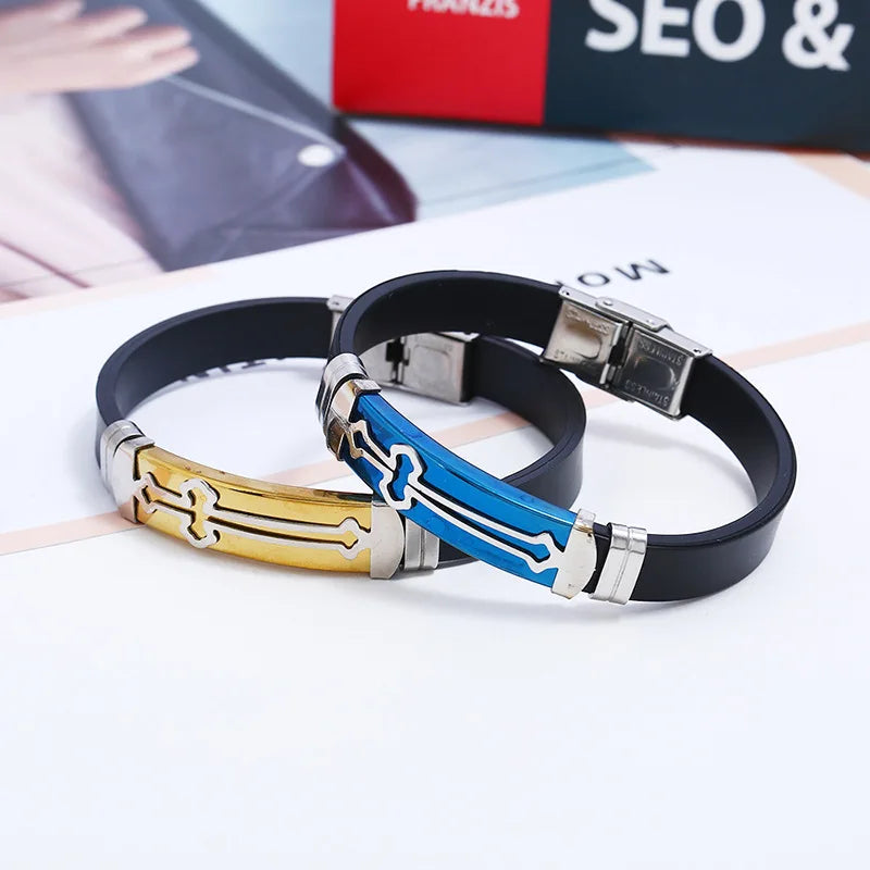 Personalized DIY Engraving - European and American Silicone Cross Charm Men's Bracelet Wristband Wristlet